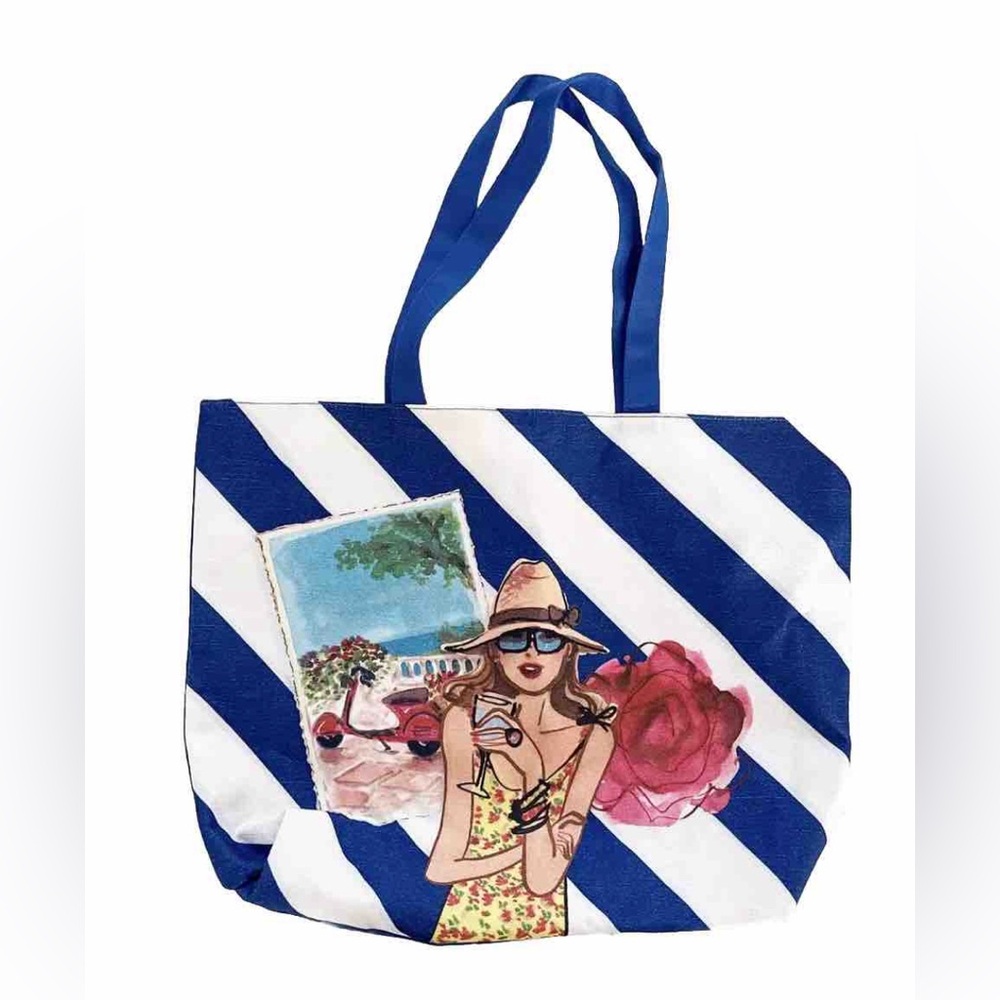Lancôme Blue & White Striped Canvas Tote Pink Lined Beach Shopper